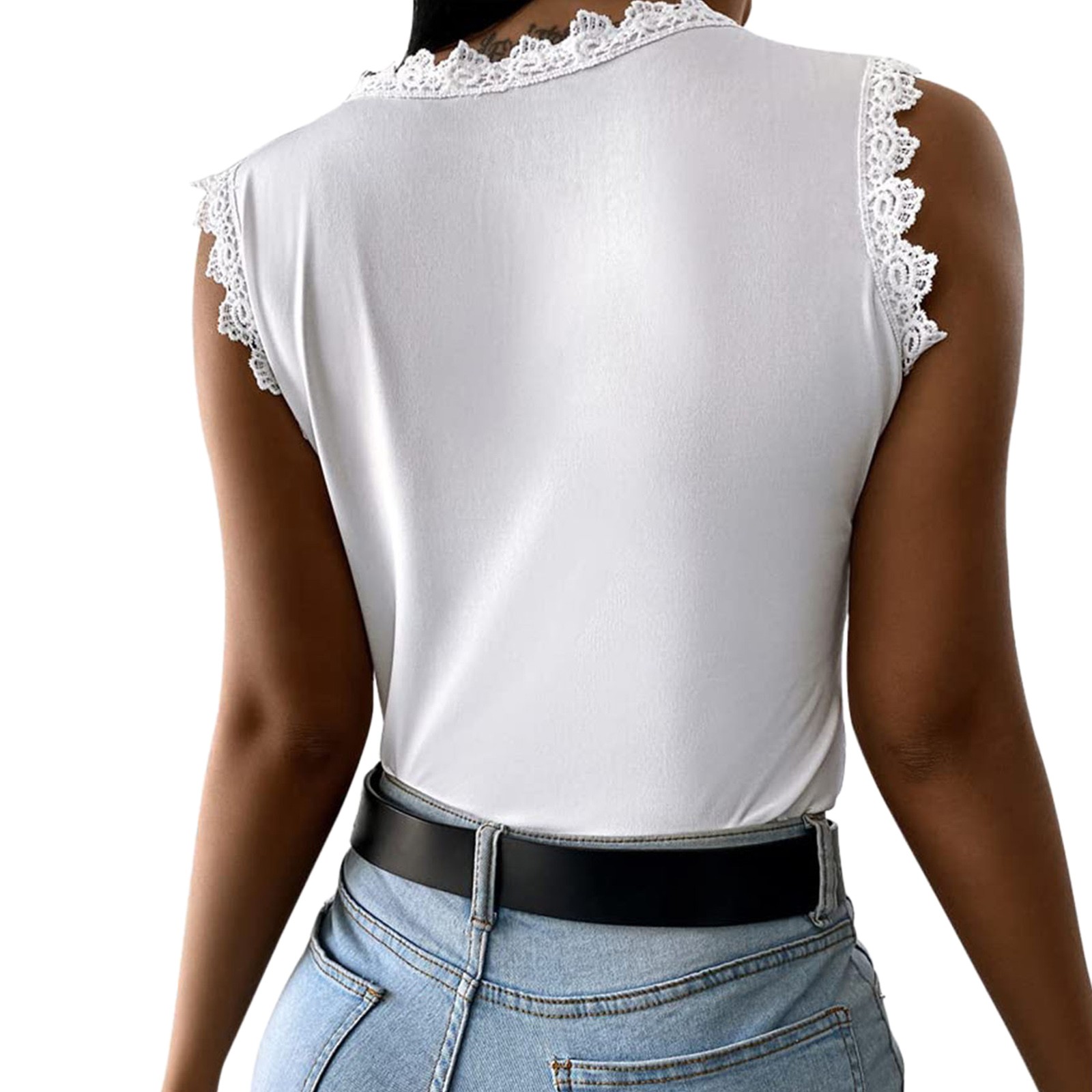 thumbnail image 3 of Camiseta sin mangas con cuello en V y encaje para mujer: poliéster, botones en la espalda, bordado floral, informal para el verano, 3 of 6